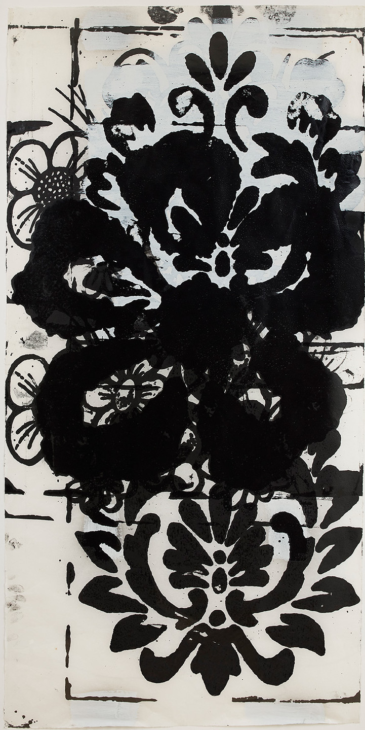Bold black flower design with layers of white paint on a soft white background