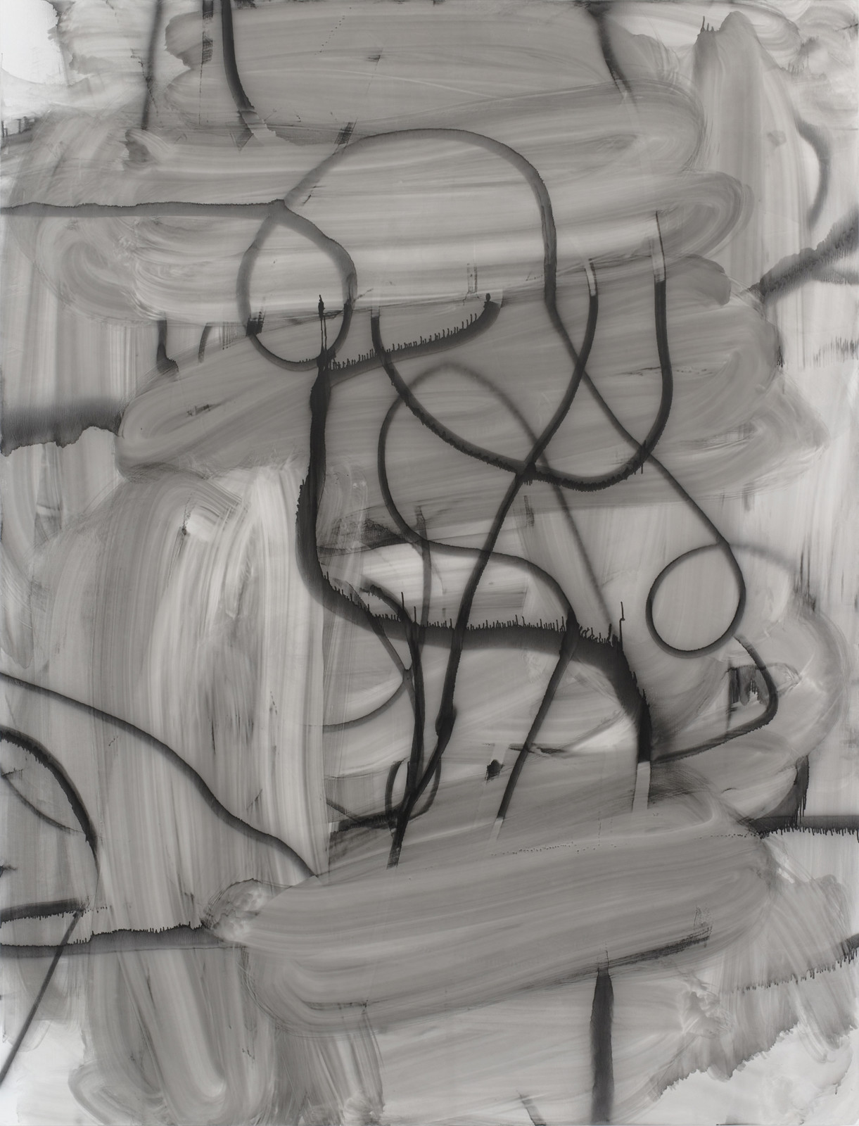Gestural gray toned erasure marks throughout the background with looping spray paint black design in the foreground