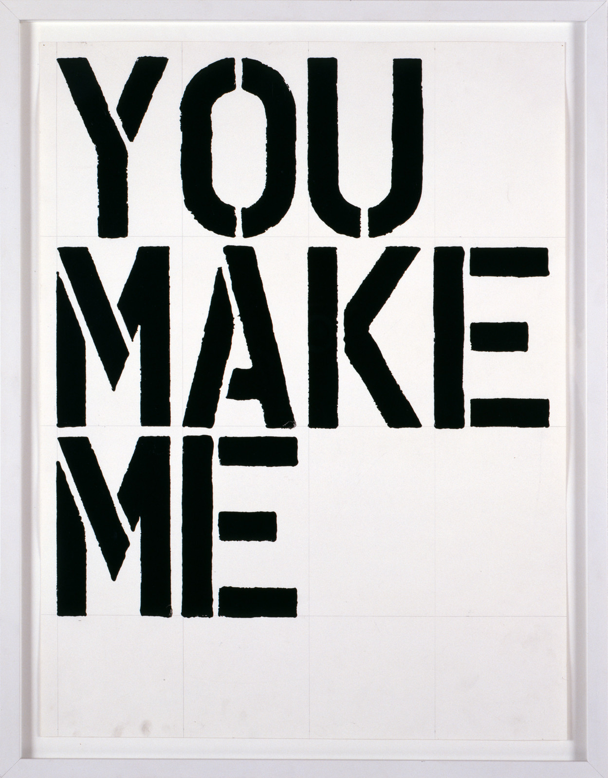 Bold, black text that spells out "You Make Me" on a white, pencil grid background in a white frame.
