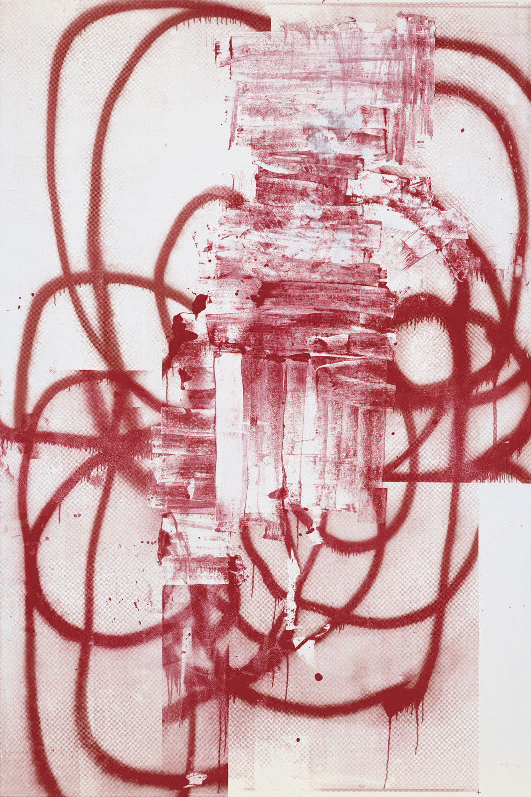 Red looping spray painted design with white and red impasto paint marks located toward the center of the composition