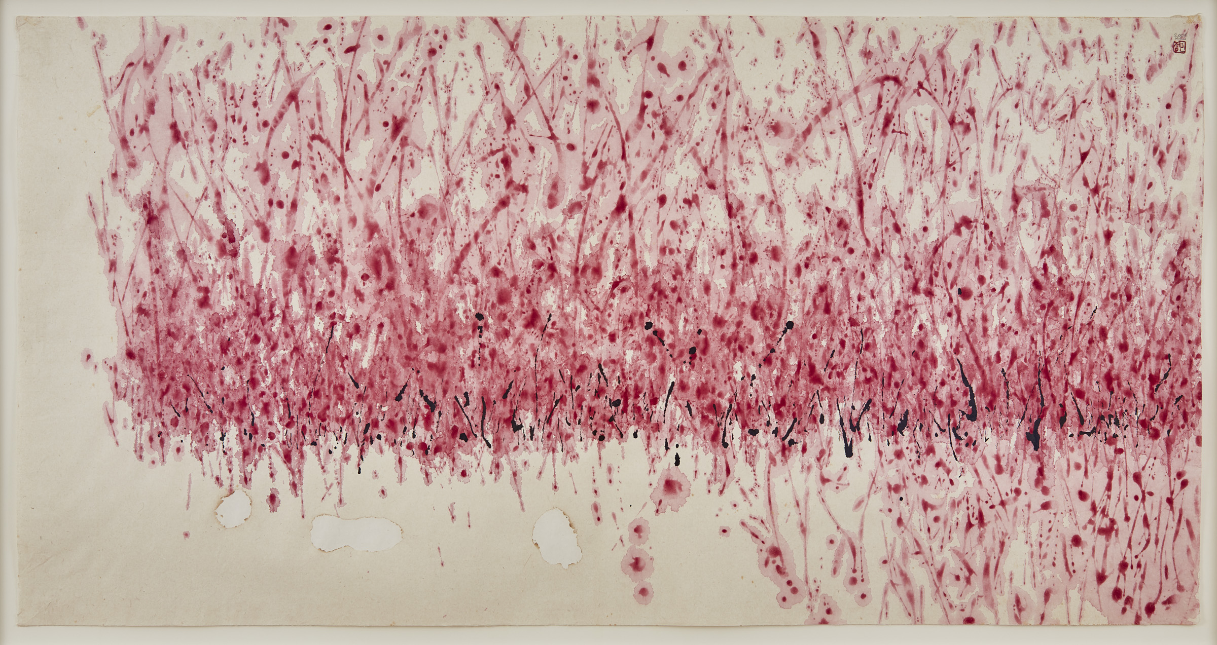 Red ink splattered across a white page with black lines throughout to highlight details.