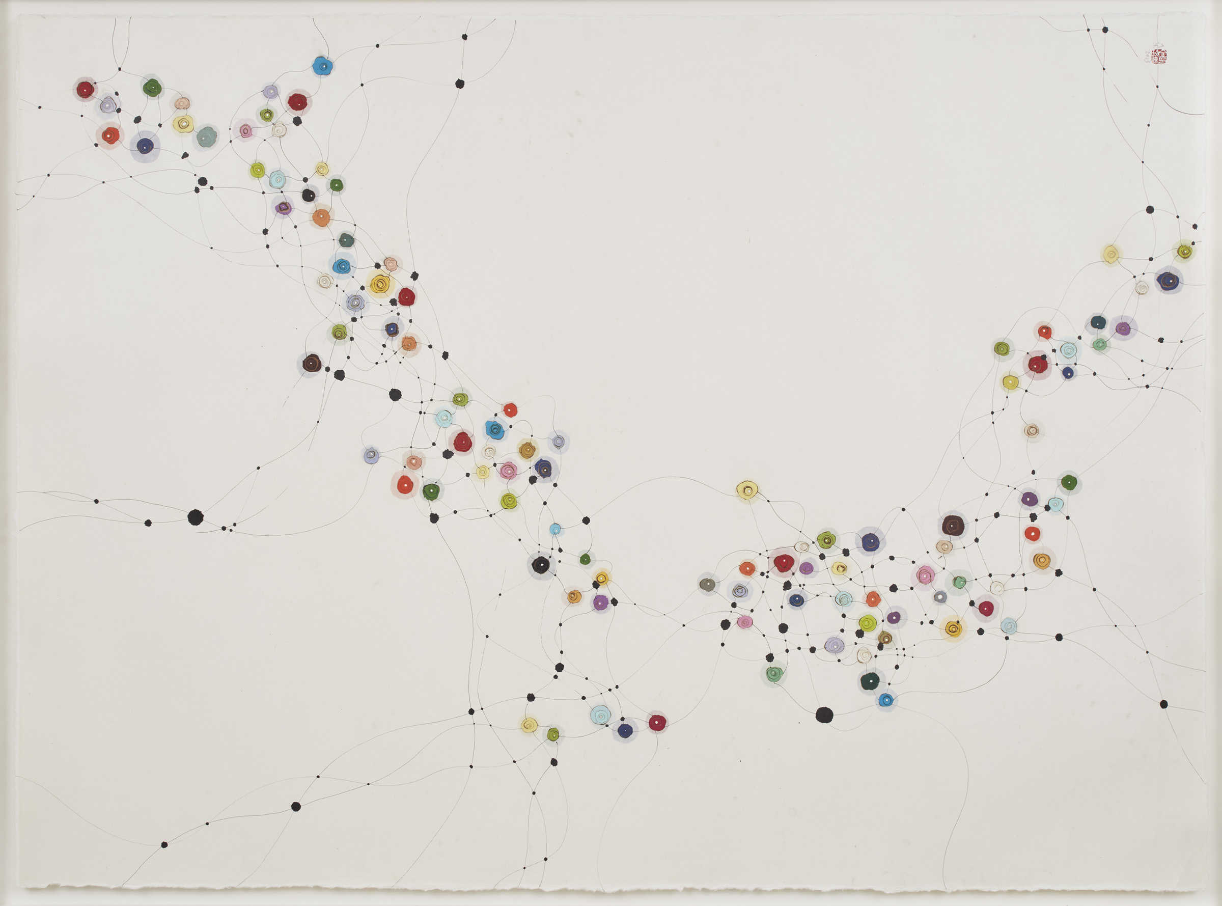 Different colored dots splattered across a white piece of paper and connected by thin lines.