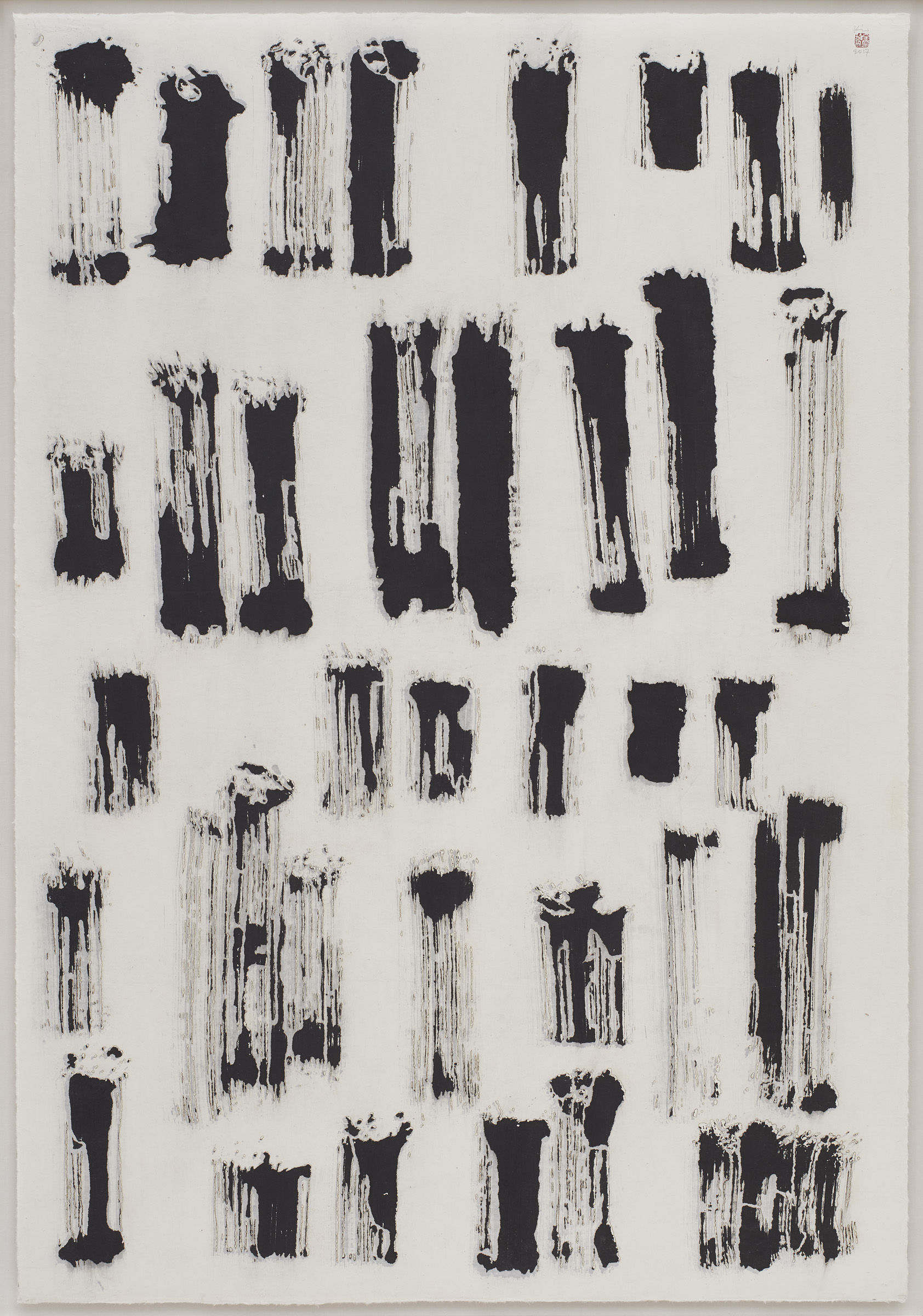 Ink and burned paper arranged to look like rough vertical paint-strokes across the canvas.