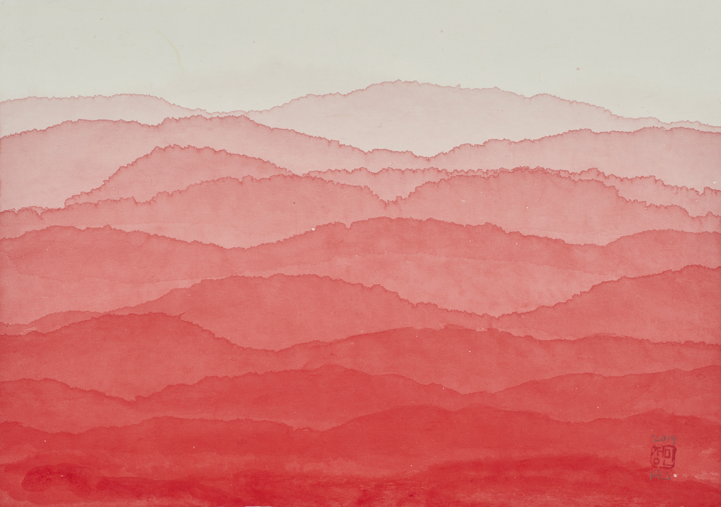Mountains painted with red ink.