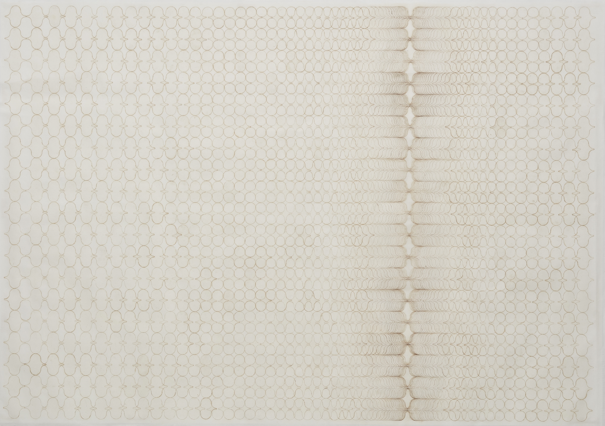 Repeated circular shapes with burned edges converge to the right of the center of the work.