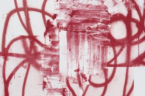 Red paint in loops on a white canvas.