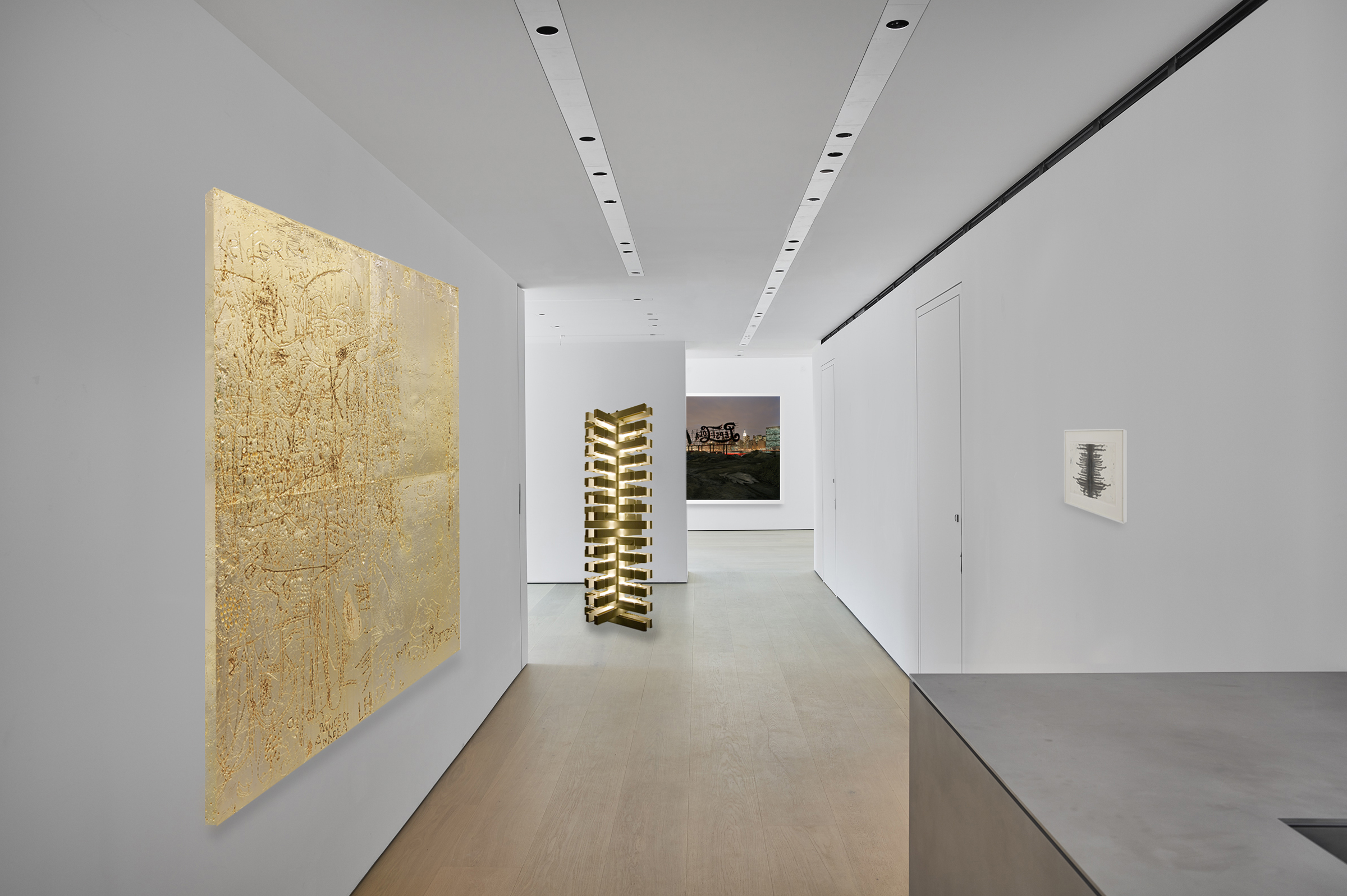 Rendering of a gallery space with artworks on white walls and sculpture in the middle of the space.